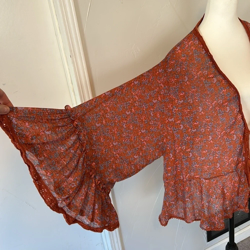 Free People LOLA Long Bell Floral Rust Open-Front Women's Top M
